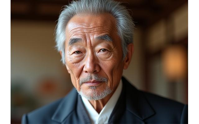 落ち着いた雰囲気の50代以上の男性のクローズアップ。肌はしっかりと手入れされており、上品な印象。