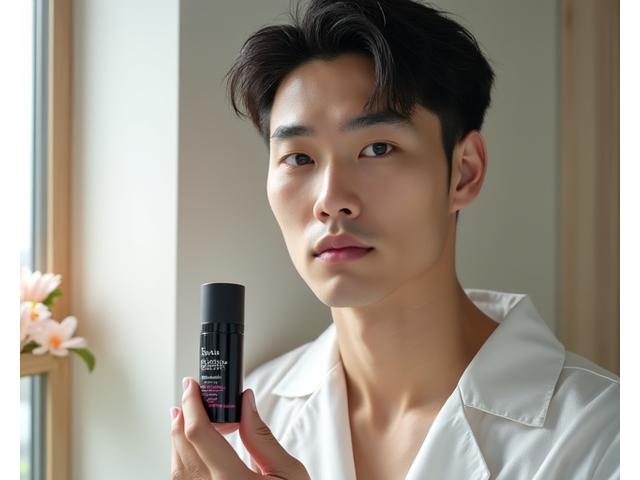 都会で働く男性が、洗練されたバスルームでサクラエッセンスのメンズスキンケア製品を使用している光景。清潔感があり自信に満ちた表情。