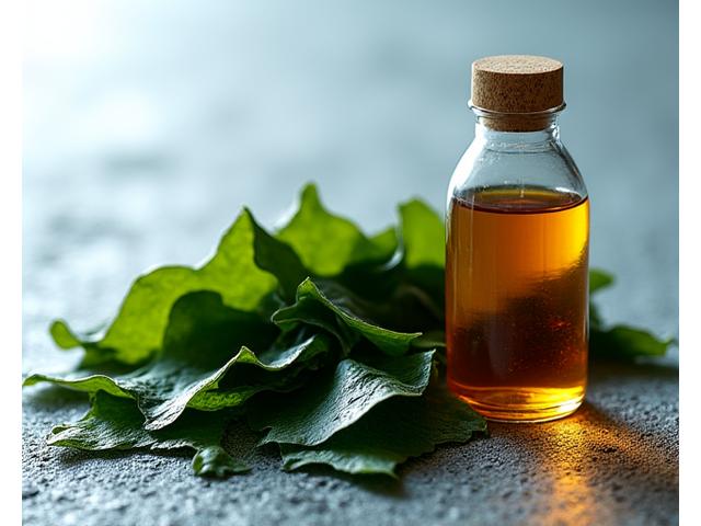 深緑色の海藻が、清らかな水面から現れ、その隣には海藻エキスが琥珀色の液体として表現されている様子。