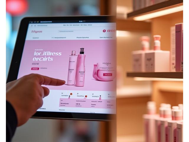 スタイリッシュなオンラインストアのUIと、洗練された実店舗のディスプレイが融合したイメージ。タブレットでショッピングカートを確認する手元と美しい製品が並ぶ棚。